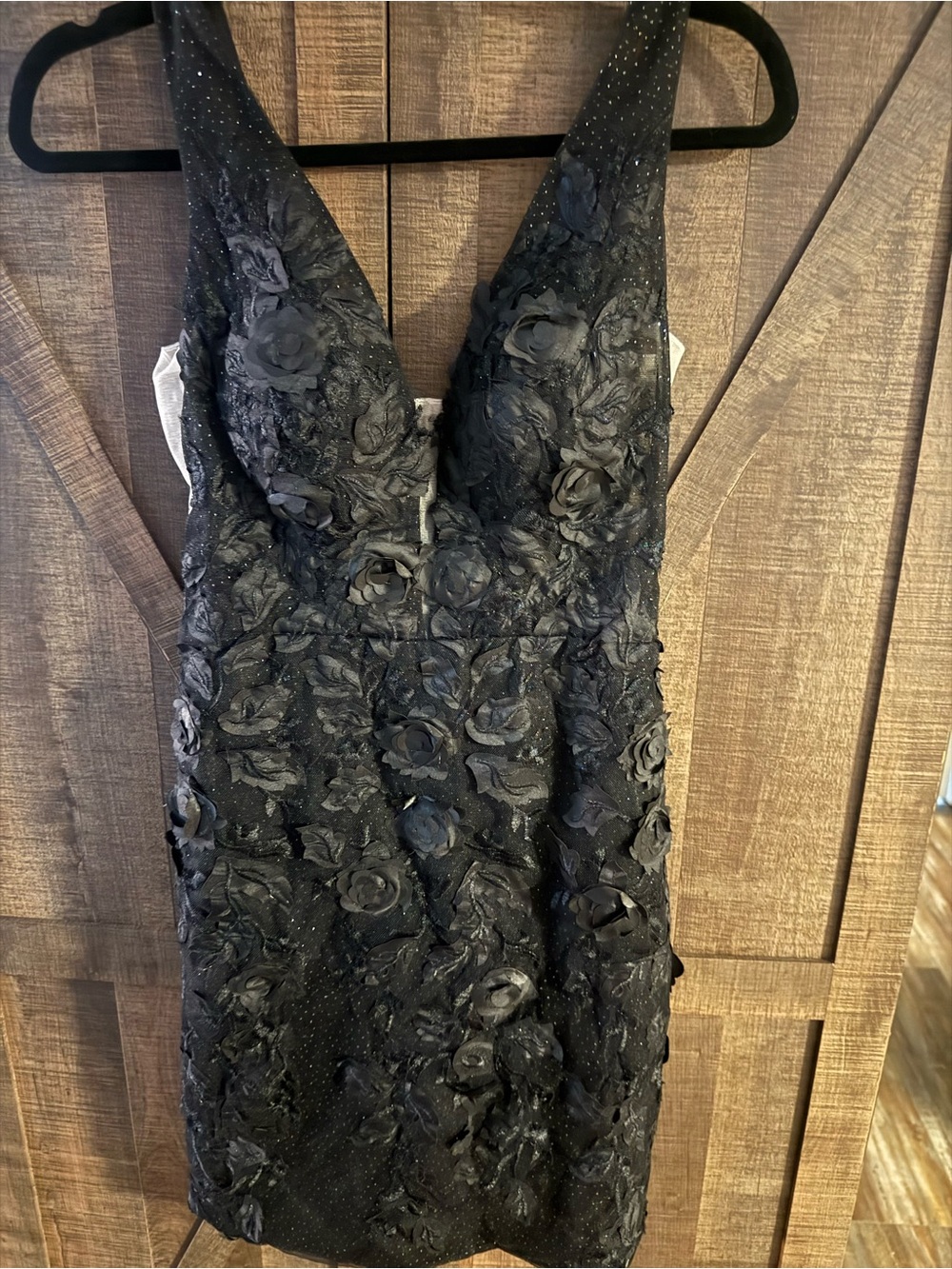 Black V-Neck Mini Dress with 3D Floral Appliqué